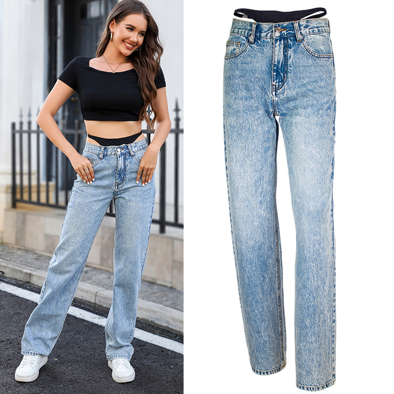 Streetwear Outfit Brand - Vaqueros rectos con costuras falsas de